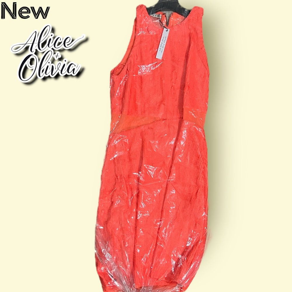 New Alice + Olivia Cara Sequin Mesh Inset Minidress Bright Coral - Picture 7 of 7